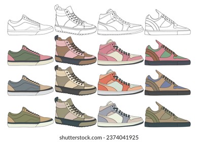 Set of shoes sneaker drawing vector, Sneakers drawn in a sketch style, bundling sneakers trainers template, vector Illustration.
