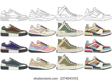 Sneaker-Zeichensatz, Sneakers in Skizze-Stil gezeichnet, Bundling Turnschuhe-Trainer-Vorlage, Vektorgrafik.
