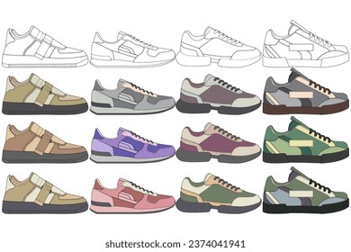Juego de zapatos sneaker dibujar vector, Sneakers dibujado en un estilo de esbozo, bundling sneakers trainers (plantilla de entrenadores), vectorial Illustration (Ilustración vectorial).
