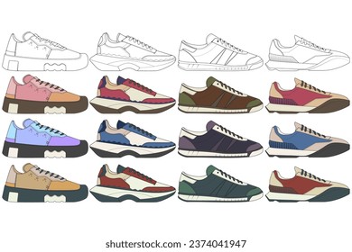 Set of shoes sneaker drawing vector, Sneakers drawn in a sketch style, bundling sneakers trainers template, vector Illustration.
