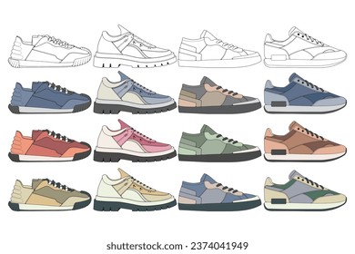 Sneaker-Zeichensatz, Sneakers in Skizze-Stil gezeichnet, Bundling Turnschuhe-Trainer-Vorlage, Vektorgrafik.
