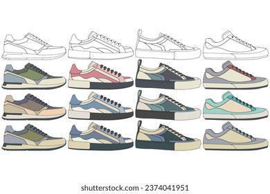 Set of shoes sneaker drawing vector, Sneakers drawn in a sketch style, bundling sneakers trainers template, vector Illustration.
