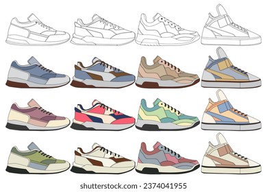 Set of shoes sneaker drawing vector, Sneakers drawn in a sketch style, bundling sneakers trainers template, vector Illustration.
