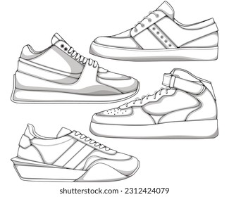 Juego de zapatos delineantes de contorno vector de dibujo, Sneakers dibujados en un estilo de esbozo, bundling sneakers patrón contorno, vectorial Ilustración.
