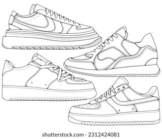 Juego de zapatos delineantes de contorno vector de dibujo, Sneakers dibujados en un estilo de esbozo, bundling sneakers patrón contorno, vectorial Ilustración.
