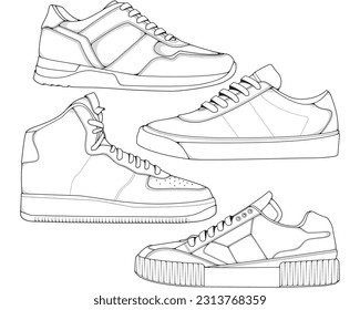 Set of shoes sneaker outline drawing vector, Sneakers drawn in a sketch style, bundling sneakers trainers template outline, vector Illustration.
