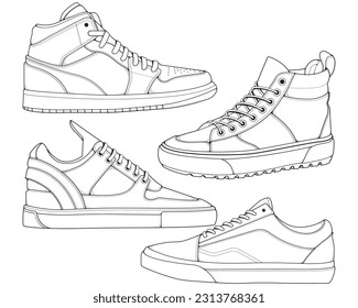 Set of shoes sneaker outline drawing vector, Sneakers drawn in a sketch style, bundling sneakers trainers template outline, vector Illustration.
