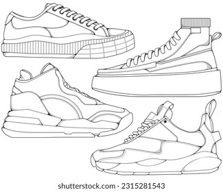 Set of shoes sneaker outline drawing vector, Sneakers drawn in a sketch style, bundling sneakers trainers template outline, vector Illustration.
