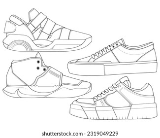 Set of shoes sneaker outline drawing vector, Sneakers drawn in a sketch style, bundling sneakers trainers template outline, vector Illustration.
