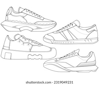 Set of shoes sneaker outline drawing vector, Sneakers drawn in a sketch style, bundling sneakers trainers template outline, vector Illustration.
