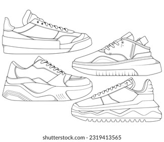 Set of shoes sneaker outline drawing vector, Sneakers drawn in a sketch style, bundling sneakers trainers template outline, vector Illustration.
