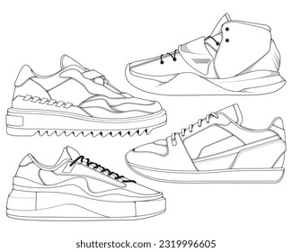 Set of shoes sneaker outline drawing vector, Sneakers drawn in a sketch style, bundling sneakers trainers template outline, vector Illustration.
