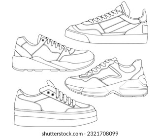 Set of shoes sneaker outline drawing vector, Sneakers drawn in a sketch style, bundling sneakers trainers template outline, vector Illustration.
