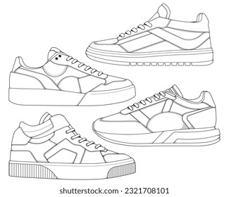 Sneaker-Umrisslinie der Schuhe, Die Turnschuhe im Skizzenstil gezeichnet, Bündelung der Turnschuhe-Schulungen, Vektorgrafik.
