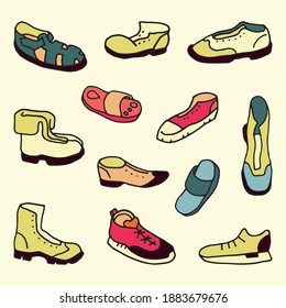 Juego de zapatos en el estilo de doodle de color para carteles, postales, cuadernos