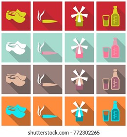 Set of shoes tabasco bottle in flat style Paris and Holand icons