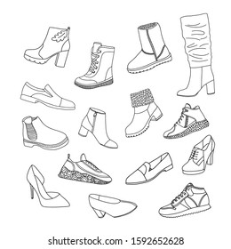 Set of shoes vector. Fashionable sneakers, shoes, boots. For women and men. Flat illustration. Cartoon isolated on a white background.