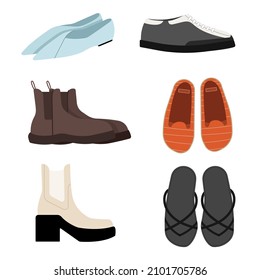 Set of shoes vector. Fashionable sneakers, shoes, boots. For women and men. Flat illustration. Cartoon isolated on a white background.