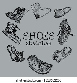 Set of shoes vector illustration contours of sketches hand drawing