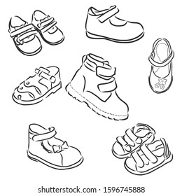 Set of children’s baby’s shoes, vector sketch 