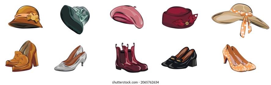 Set of shoes and vintage hats. Vector illustration.
