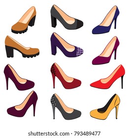 Set shoes for woman and girl,  different models and  color, symbol silhouettes, isolated on white background