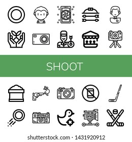 Set of shoot icons such as Puck, Sprout, Soccer player, Compact camera, Camera, Archer, Bow and arrow, Shooting gallery, Potting soil, Gun, No pictures, Film camera, Hockey stick , shoot