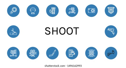 Set of shoot icons such as Puck, Soccer player, Quiver, Camera, Compact camera, Film camera, Video Hockey stick, Gun, Sprout , shoot
