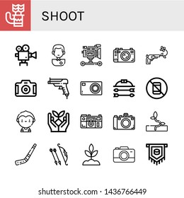 Set of shoot icons such as Quiver, Movie camera, Soccer player, Film camera, Camera, Gun, Compact Bow and arrow, No pictures, Sprout, Hockey stick, Archer, Puck , shoot