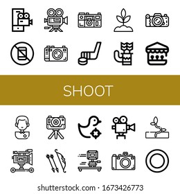 Set of shoot icons. Such as Video camera, No pictures, Camera, Hockey stick, Sprout, Quiver, Shooting gallery, Soccer player, Film camera, Archer, Movie Puck , shoot icons