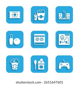 Set Shooting gallery, Ice cream bowl, Gamepad, Amusement park map, Popcorn box, Bowling pin and ball, Home stereo with two speakers and Ticket icon. Vector