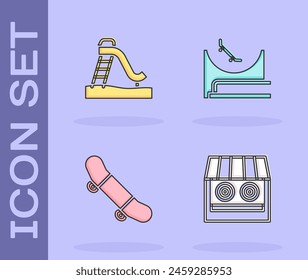 Set Shooting gallery, Kid slide, Skateboard trick and park icon. Vector