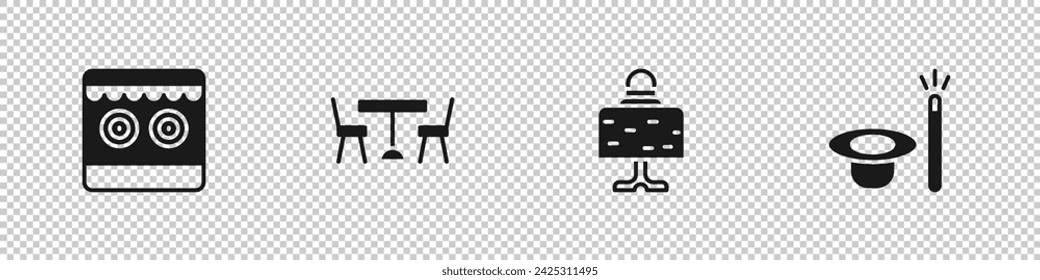 Set Galería de tiro, mesa de picnic con sillas, bola mágica en el sombrero y el icono de varita. Vector