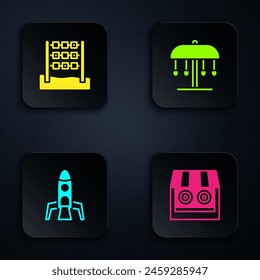 Set Shooting gallery, Tic tac toe game, Rocket ship and Attraction carousel. Black square button. Vector