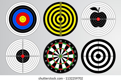 Set Of Shooting Range Target Vector, Dart Board Isolated, Archery For Gun Game Player Target Practice.