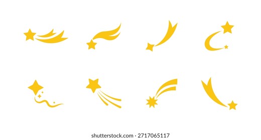 conjunto de coleção de estrelas cadentes .Coleção de diferentes estrelas cadentes amarelas ilustração isolada no fundo branco . 
