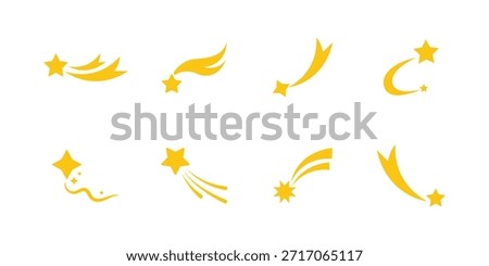 set of shooting star collection .Collection of different yellow shooting stars illustration isolated on white background . 