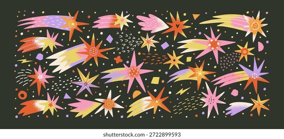 Set von Sternschnuppen, Kometen, fallenden Lichtern, funkelnden Texturen. Isolierte Elemente, Designvorlagen. Handgezeichnete Vektorgrafik