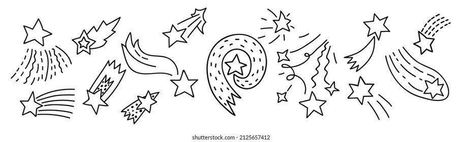 Conjunto de estrellas de tiro. Ilustración del vector Doodle. Aislado sobre un fondo blanco.