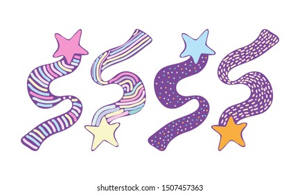 Set shooting stars  icons. Comet tail or star trail vector set isolated on white background. Stardust falling simple meteorites. Children's cartoon style. Doodle