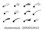 Set of shooting stars. Icons of meteorites and comets. Black Shooting star isolated on white background. Falling stars vector set with different tails. Graphic illustration for web design.