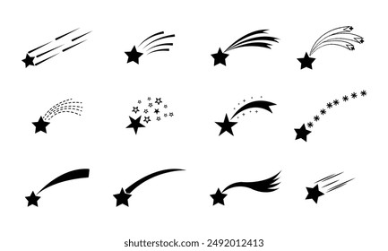 Set of shooting stars. Icons of meteorites and comets. Black Shooting star isolated on white background. Falling stars vector set with different tails. Graphic illustration for web design.