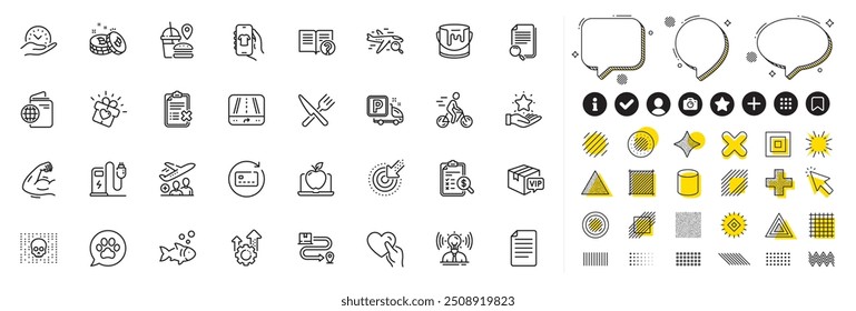 Set of Shop app, Targeting and Seo gear line icons for web app. Design elements, Social media icons. Gps, Delivery service, Food icons. Reject checklist, Pets care, Search flight signs. Vector