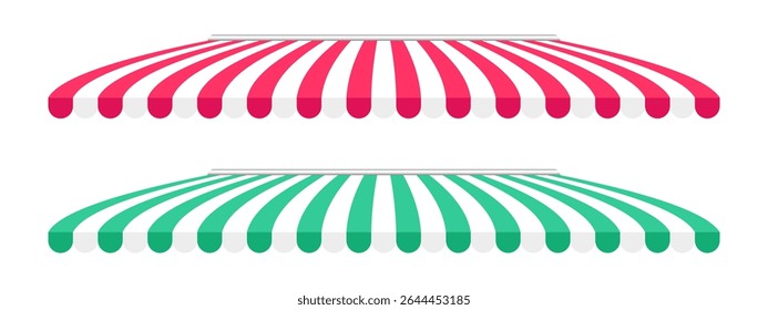 Conjunto de toldos de loja. Coberturas de supermercado listradas. Tendas de mercado isoladas sobre fundo branco. Óculos de sol de café. Guarda-chuvas. Os parasitas do carnaval. Ilustração plana vetorial.