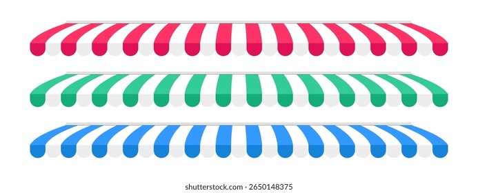 Conjunto de toldos de loja. Cobertura de loja listrada. Mercado tenda listrada isolado no fundo branco. Óculos de sol de café. Guarda-chuva de quiosque. Letreiro de banca. Elemento de vitrine eletrônica. Ilustração vetorial.
