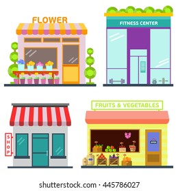 Set of shop building facades icons. Different showcases: flower retail, fitness center, fruit and vegetables mall . Flat vector illustration.