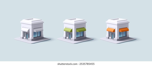 Set of shop buildings with colored awnings, 3D. Shop, bakery, hairdresser, market. Realistic image for advertising. Vector