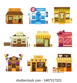 Set of shop and cafe buildings facades flat vector illustration isolated on white background. Stores selling baked and farm products, pizza, flowers and others.