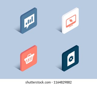 Set of Shop cart, Analytical chat and Internet icons. File management sign. Web buying, Communication speech bubble, Monitor with cursor. Doc with cogwheel.  3d isometric buttons. Flat design concept