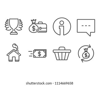 Set of Shop cart, Money transfer and Salary icons. Winner, Blog and Money exchange signs. Web buying, Cash delivery, Sports achievement. Chat message, Cash in bag. Vector